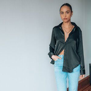 New Black Silky Button Down Blouse